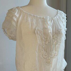 Sheer Ruffle White Peasant Blouse with Beaded Lace Applique - Smocked Hem – US M